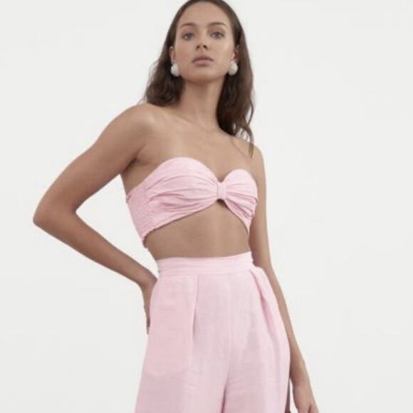 Ronny Kobo Mayah Crop Top Petal Pink Linen Bandeau Knot Smocked Resort S Revolve - Picture 4 of 12